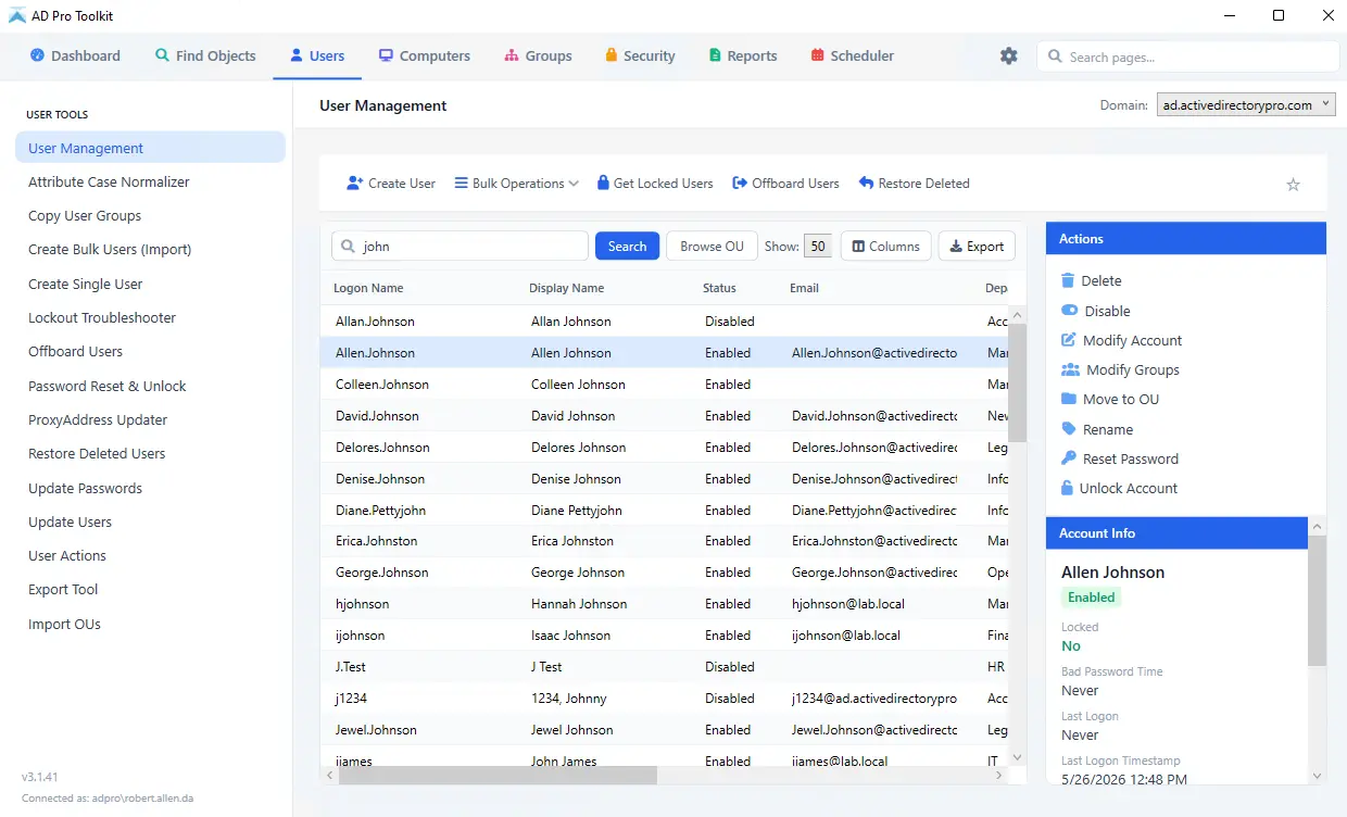 The AD Pro Toolkit console showing the tool list and user management options