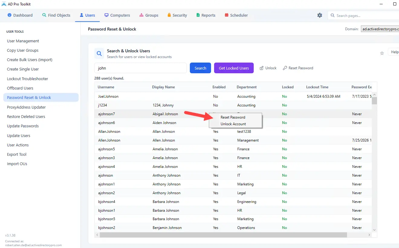 AD Pro Toolkit password reset and unlock console