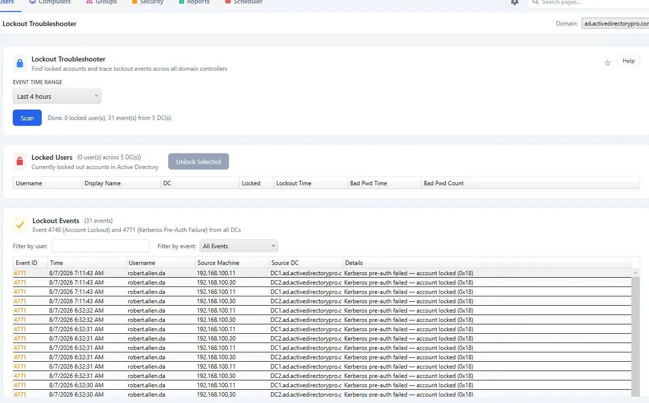 Account lockout troubleshooter showing lockout status and source domain controller