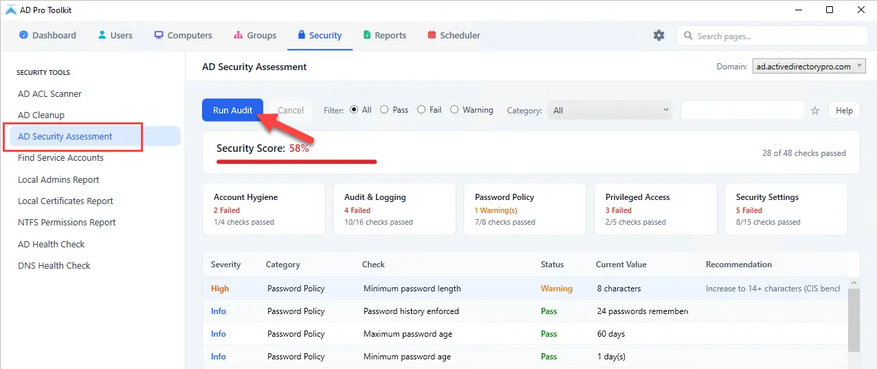 Running an Active Directory security assessment and reviewing the findings