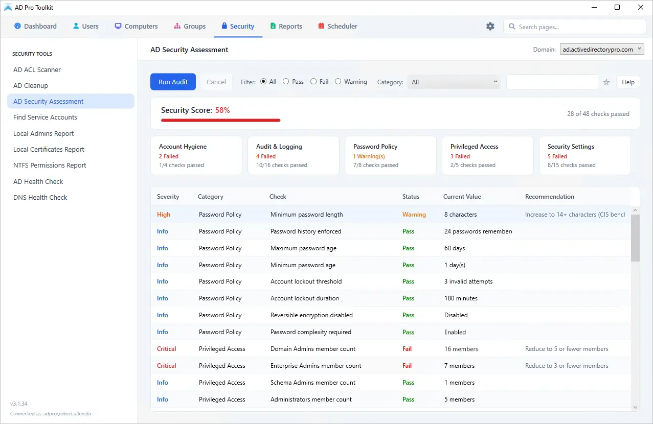 Active Directory Security Assessment tool showing detected vulnerabilities and risk findings
