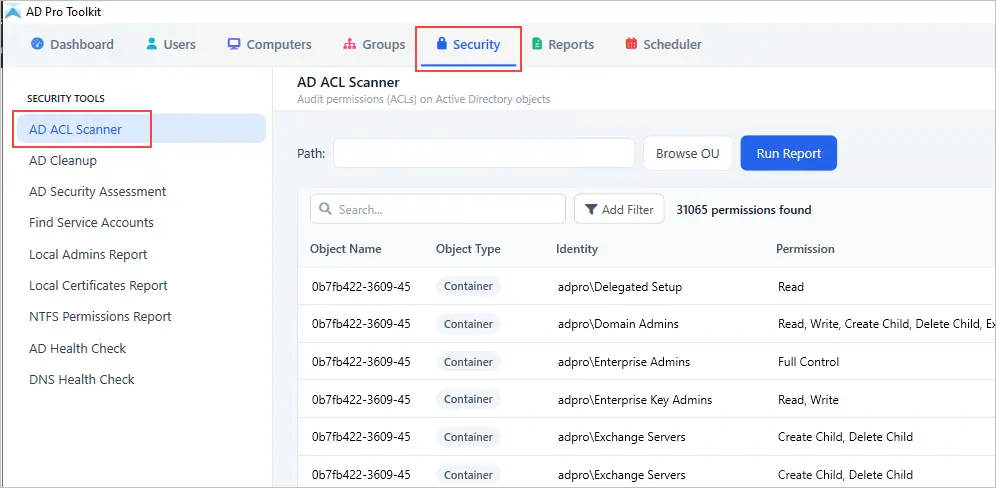 Opening the AD ACL Scanner from the Security section