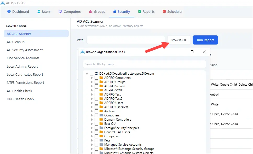 Choosing the domain or OU to scan