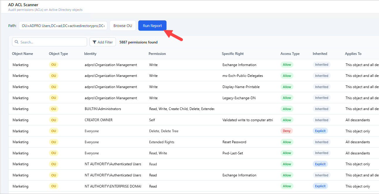 AD ACL Scanner results grid with permission filters applied