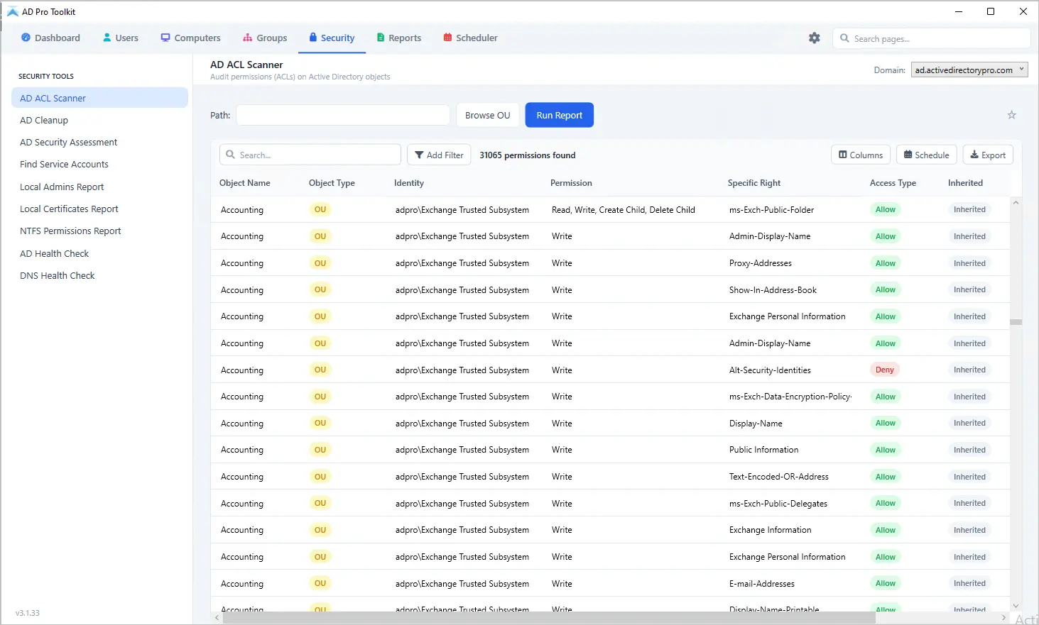 AD ACL Scanner showing delegated permissions across the domain
