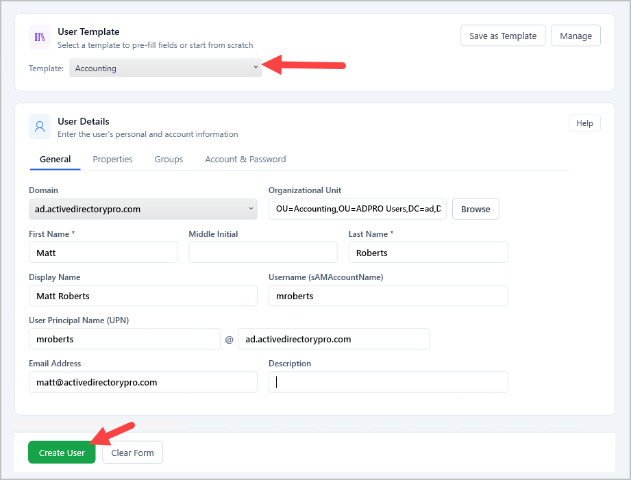 Creating an Active Directory user from a template with pre-filled attributes