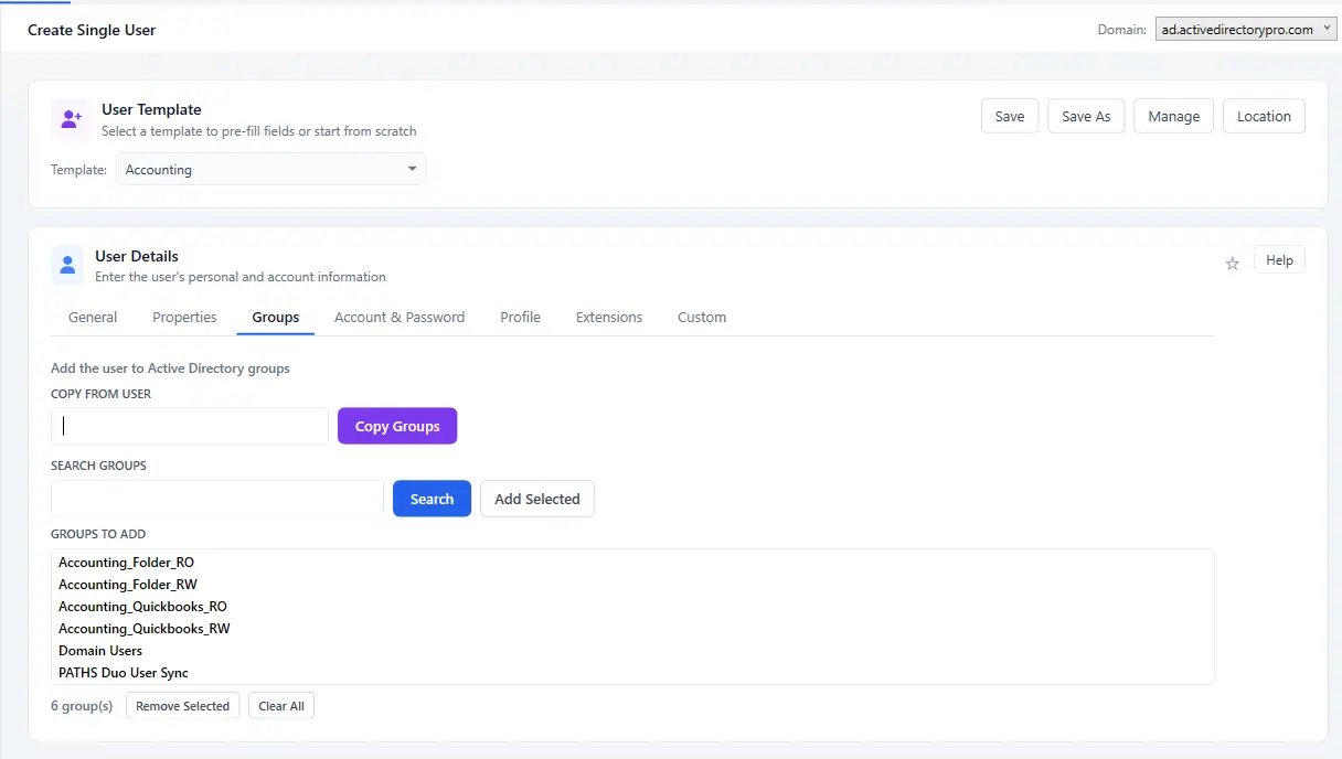 Adding a new Active Directory user to security and distribution groups during creation