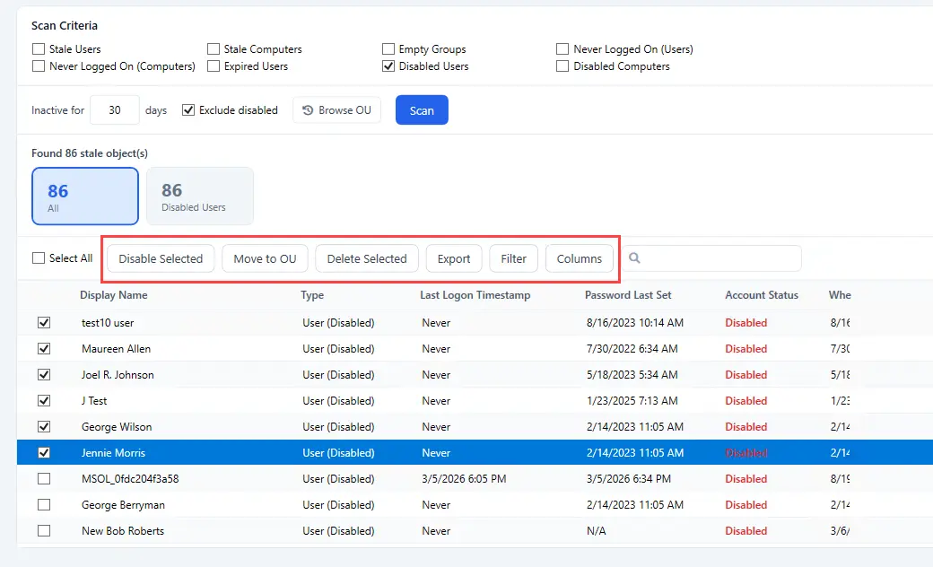 Disable, delete and move actions applied to stale Active Directory accounts