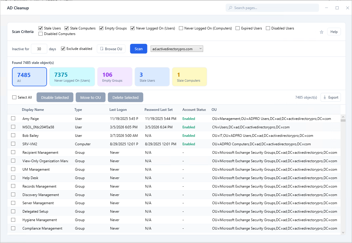 Active Directory Cleanup Tool showing inactive user and computer accounts