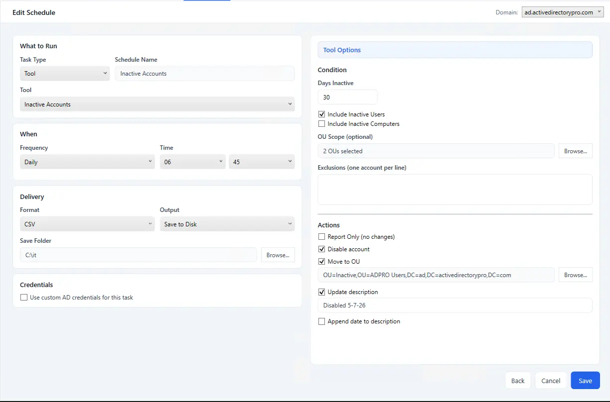 Scheduling an Active Directory cleanup task to run on a regular cycle