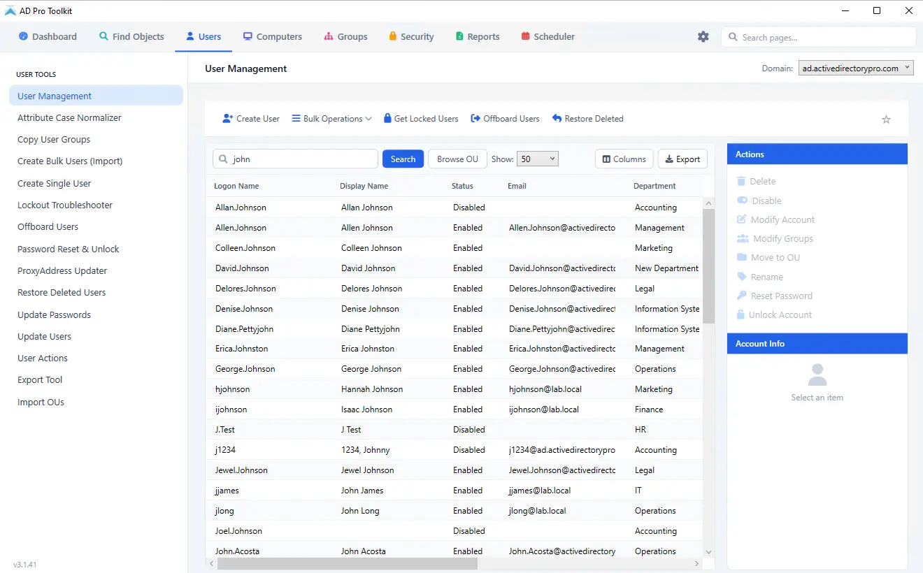 The AD Pro Toolkit console showing the tool list and user management options
