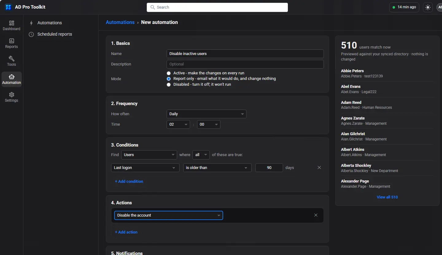 Creating an automation in AD Pro Toolkit that disables users whose last logon is older than 90 days, with a preview of the 510 matching users