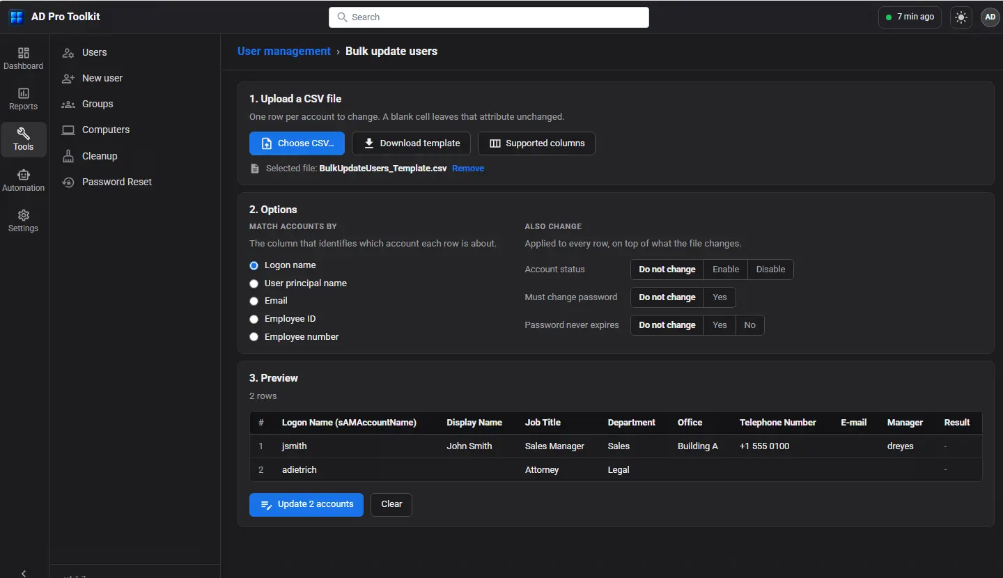 The Bulk update users tool in AD Pro Toolkit, with a CSV file uploaded, match and change options, and a preview of the rows to update