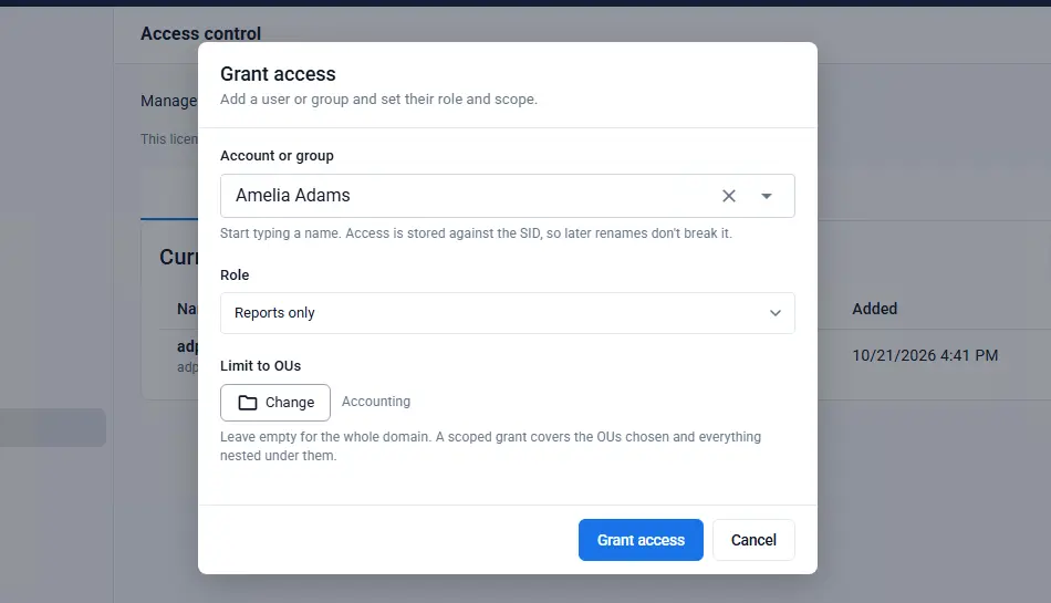 Granting access in AD Pro Toolkit, giving a user the Reports only role limited to the Accounting OU
