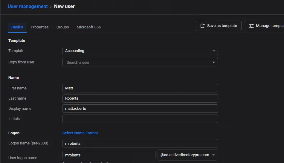 The New user form in AD Pro Toolkit, with Basics, Properties, Groups and Microsoft 365 tabs, creating a user from the Accounting template