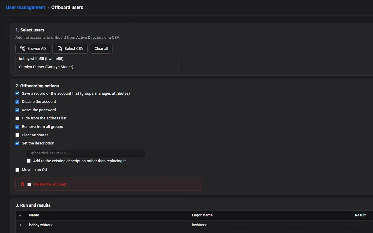 The Offboard users tool in AD Pro Toolkit, with two users selected and offboarding actions such as saving a record, disabling the account and removing it from all groups
