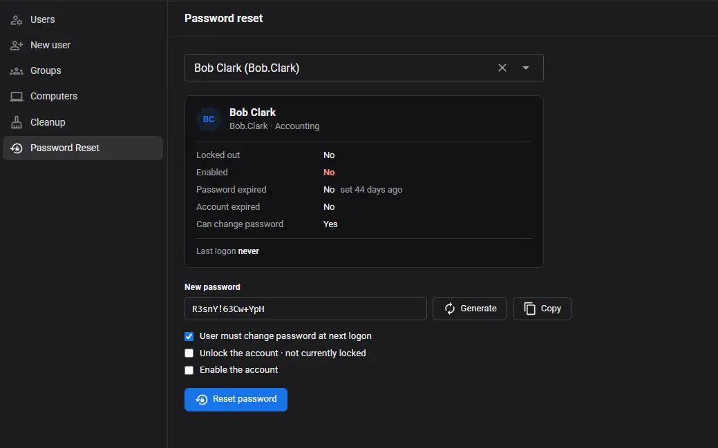 The Password reset tool in AD Pro Toolkit, showing a user's account status, a generated password and options to unlock and enable the account