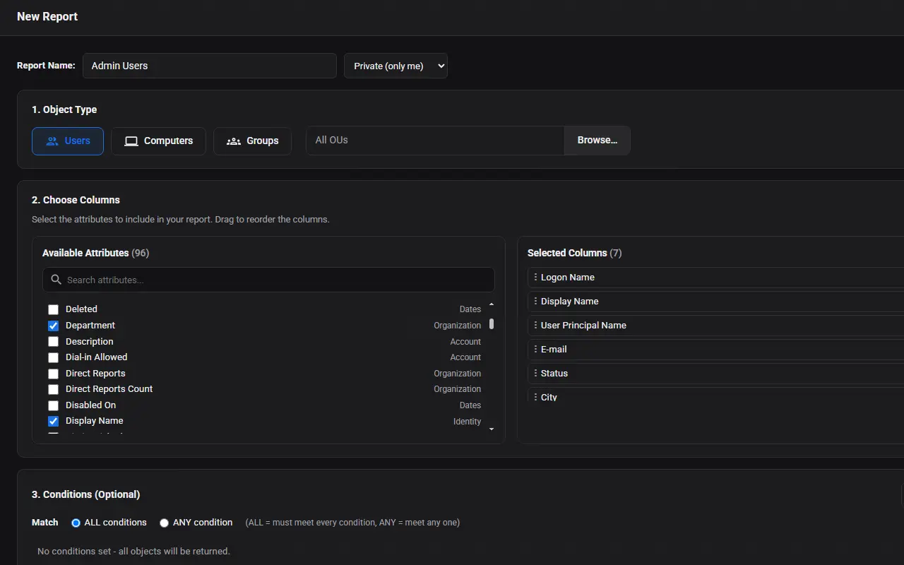 The custom report builder in AD Pro Toolkit, creating a user report by choosing an OU, the columns to include and optional conditions