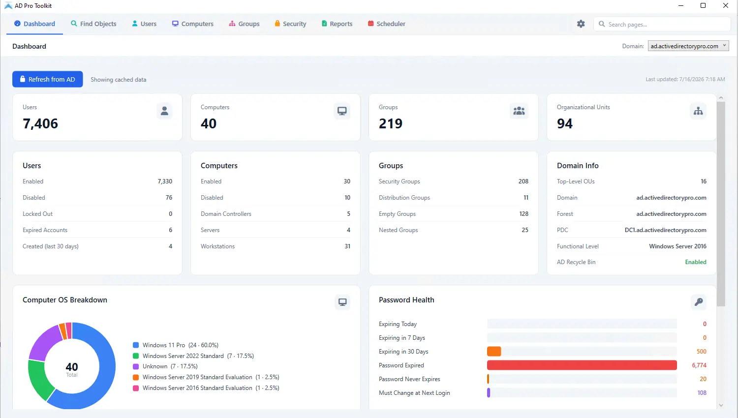 Active Directory user report in AD Pro Toolkit, with filtering and export options
