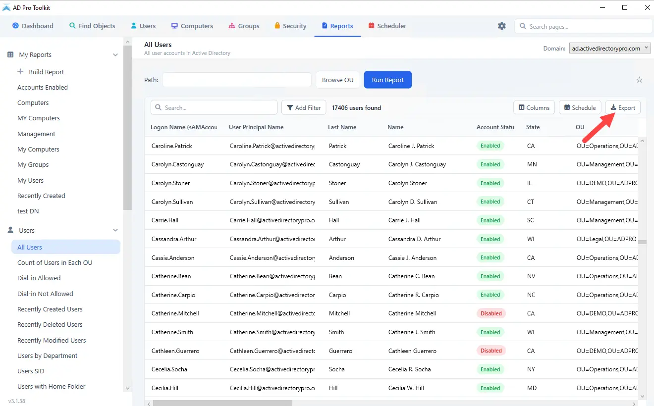 AD Pro Toolkit export tool showing Active Directory users ready to export