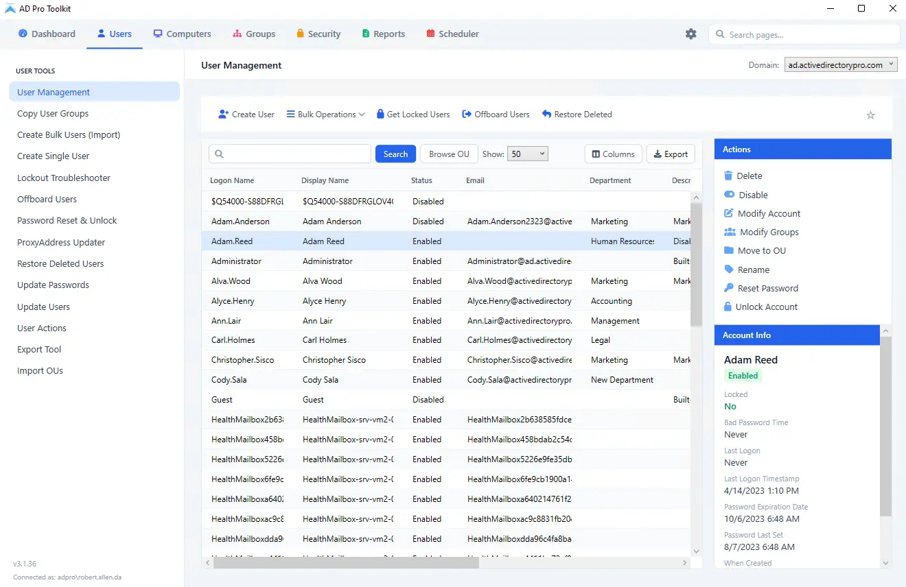 AD Pro Toolkit console showing bulk user management