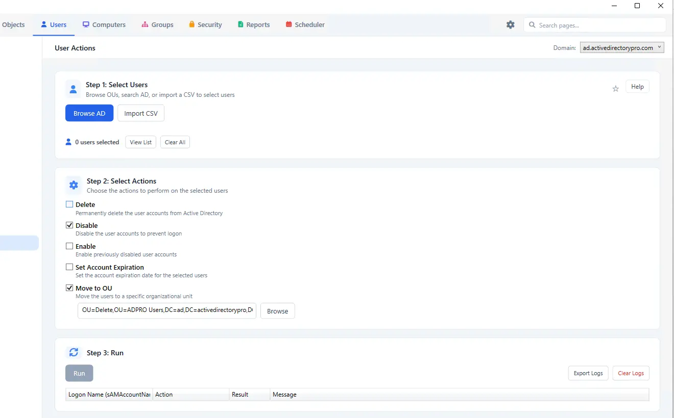 Running delete, disable, enable, expiration and move actions across many Active Directory users