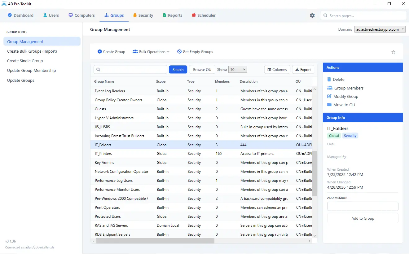 AD Pro Toolkit group management console showing security and distribution groups
