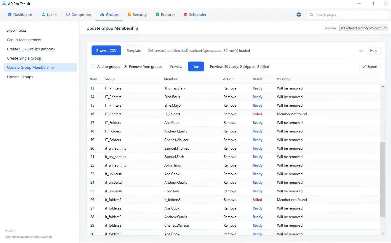 Adding and removing users from multiple Active Directory groups at once