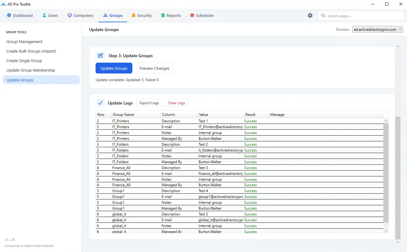Updating properties across multiple Active Directory groups from a CSV file