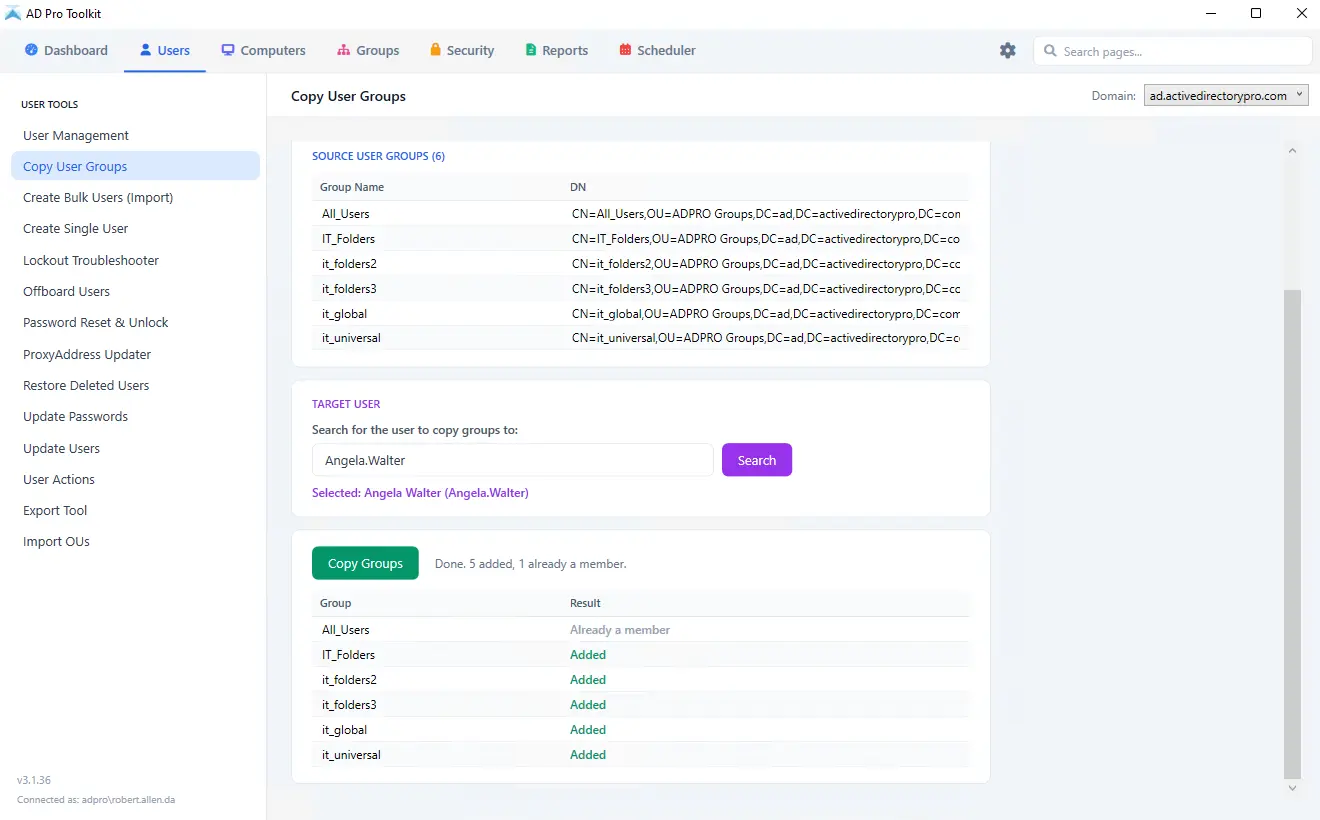 Copying all group memberships from a source user to a destination user