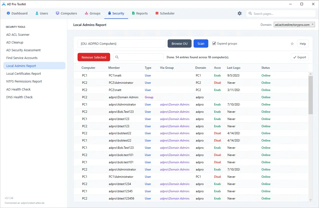Local Administrators tool showing local admin group members across domain computers