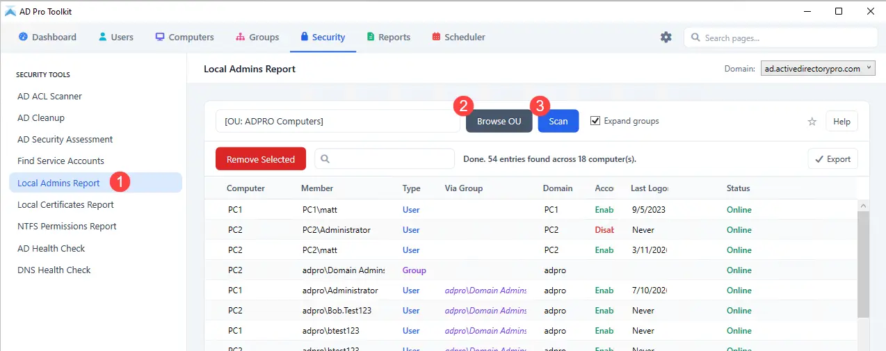 Local Administrators tool showing scan results and removal of local admin rights