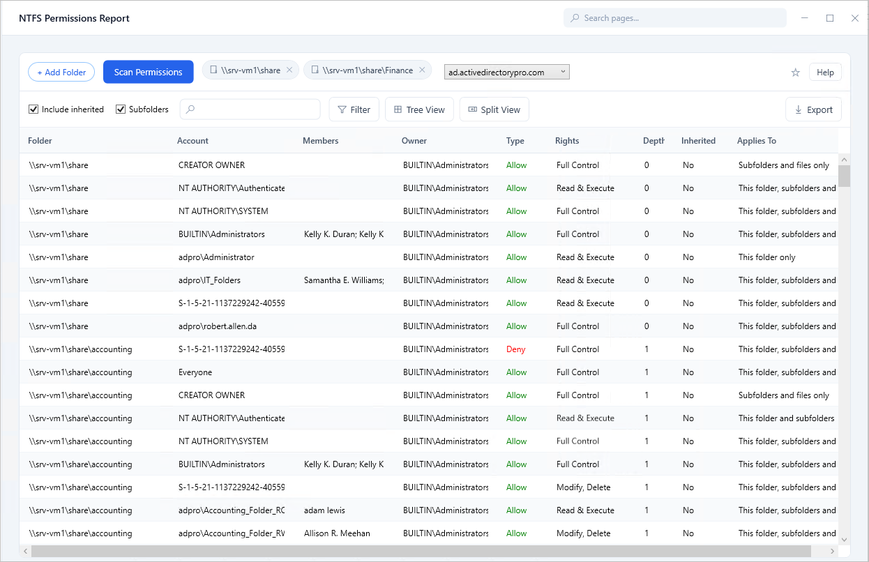 NTFS Permissions Reporter showing folder access rights for users and groups