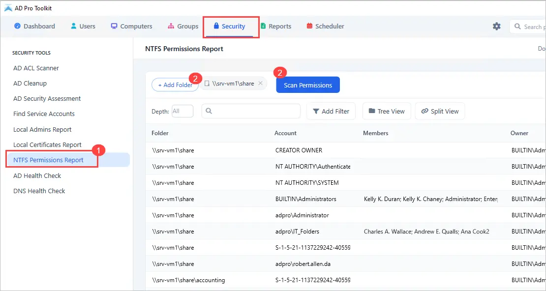 NTFS Permissions Report tool showing folder paths added and a generated permissions report