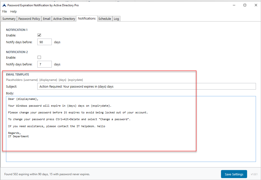 Customizing the password expiration email template