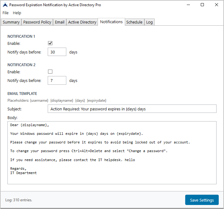 Example password expiration notification email received by an end user