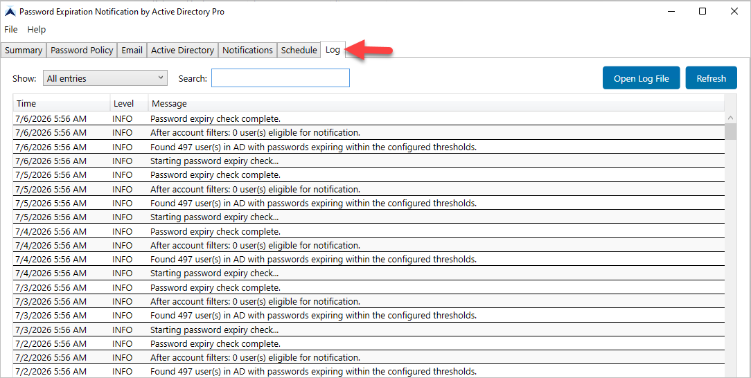 Notification log showing sent password expiration emails