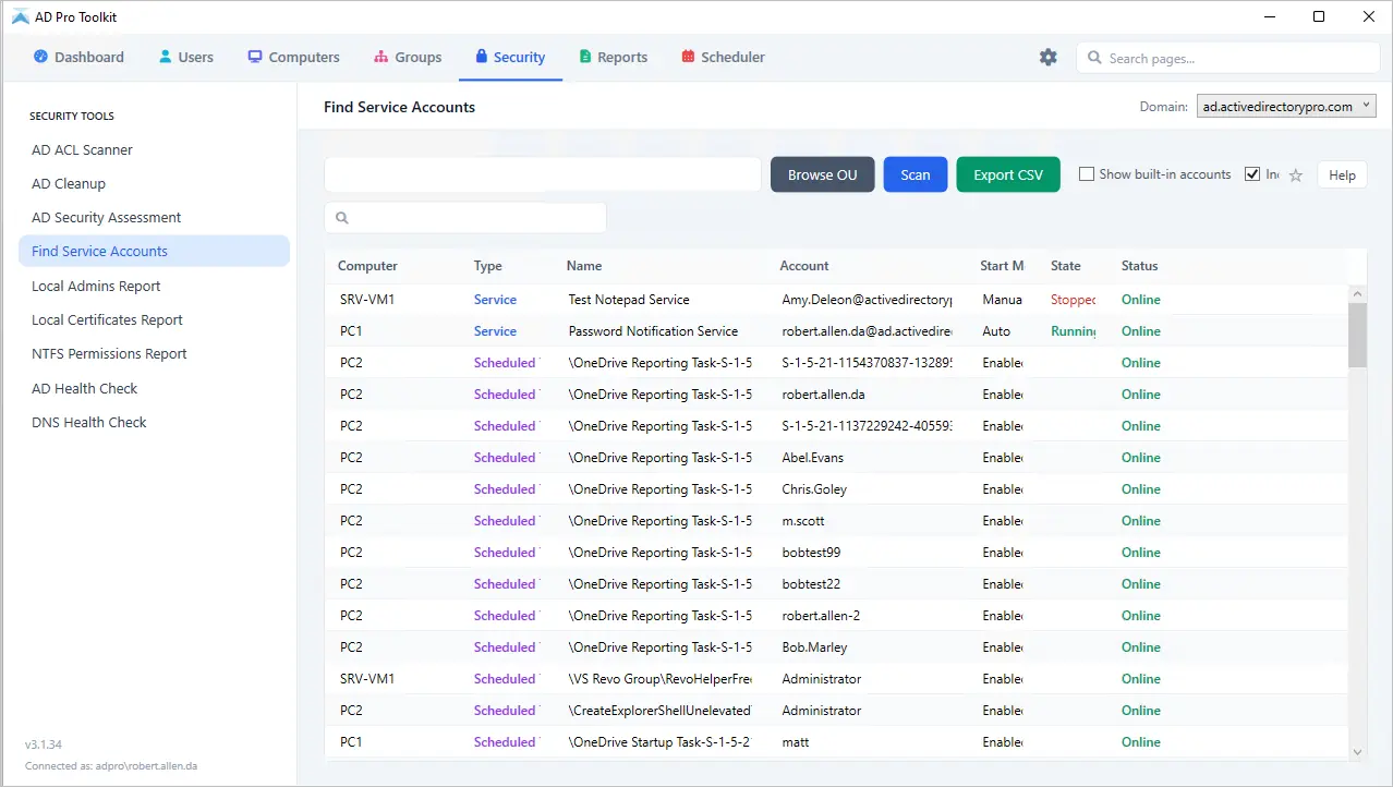 Service Accounts Report tool showing accounts running Windows services and scheduled tasks across domain computers