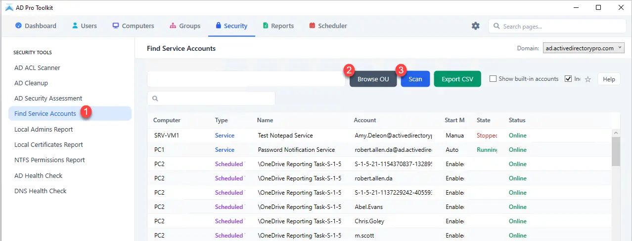 Service Accounts Report tool showing scan results with filtering and export options