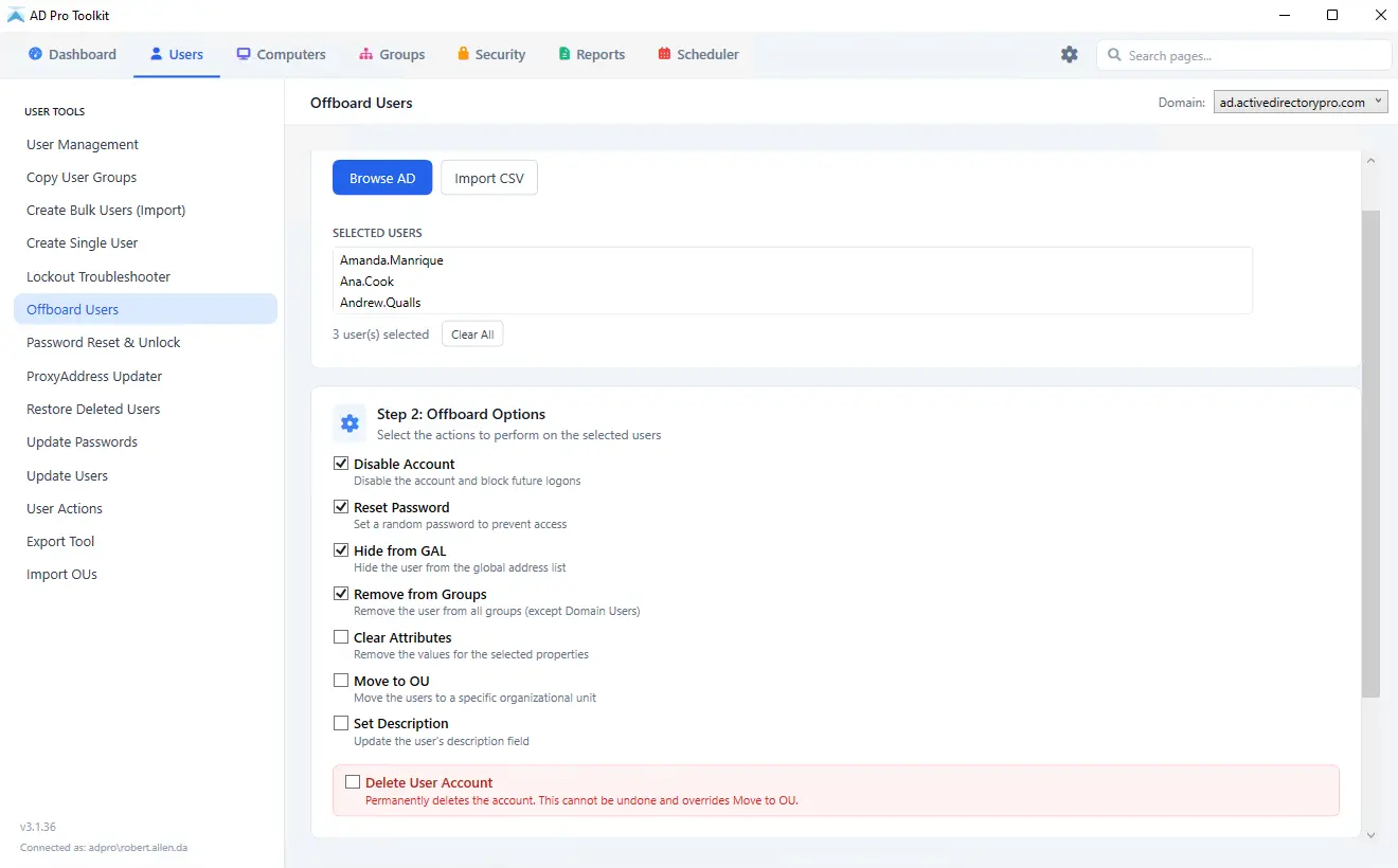 AD Pro Toolkit user offboarding tool with each step selectable