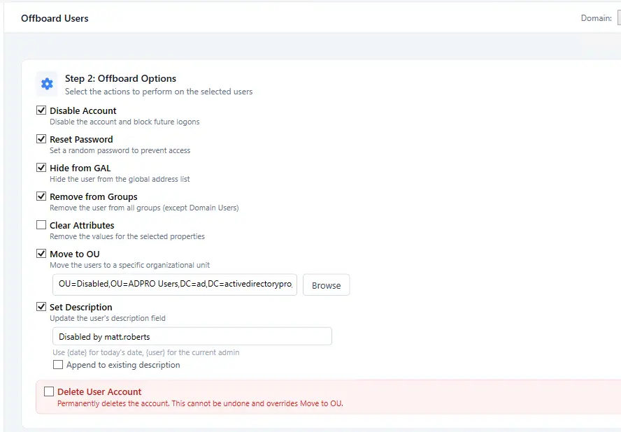 Choosing which offboarding actions to run against the selected users