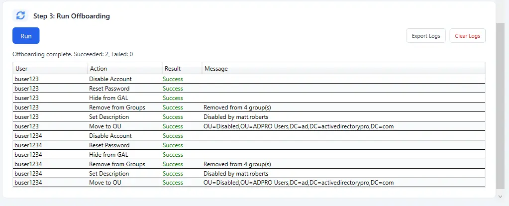 Running the offboarding actions and reviewing the result for each user