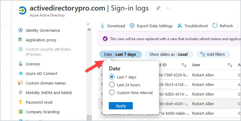 Azure Active Directory sign-in logs with the date range set to Last 7 days