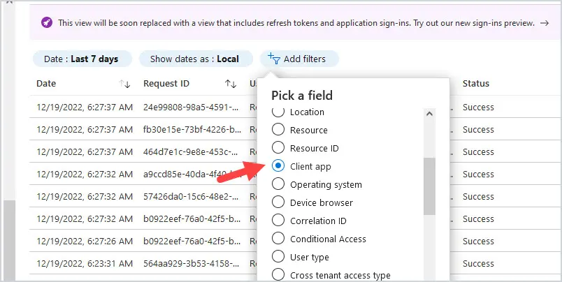 Add filters menu on the sign-in logs with Client app selected