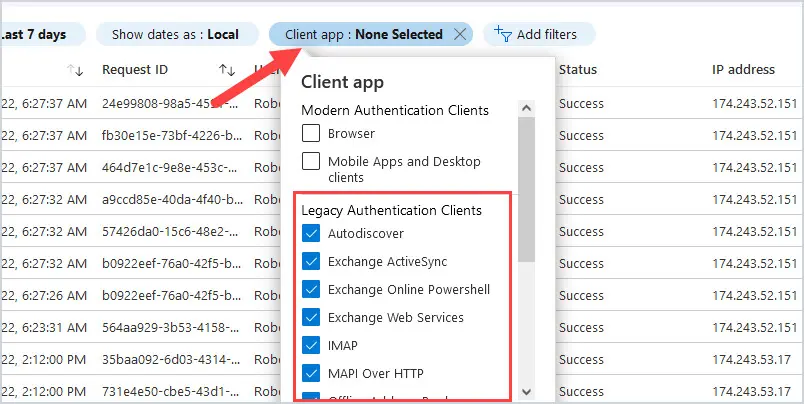 Client app filter with every legacy authentication client selected