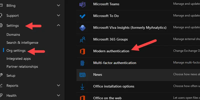 Modern authentication listed under Org settings in the Microsoft 365 admin center