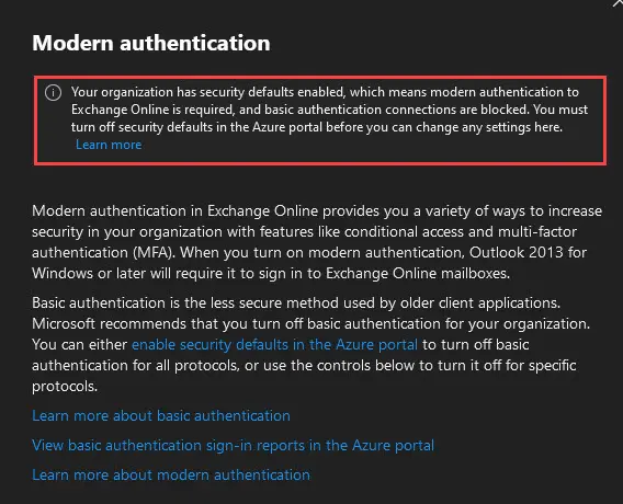 Modern authentication panel showing that security defaults are enabled