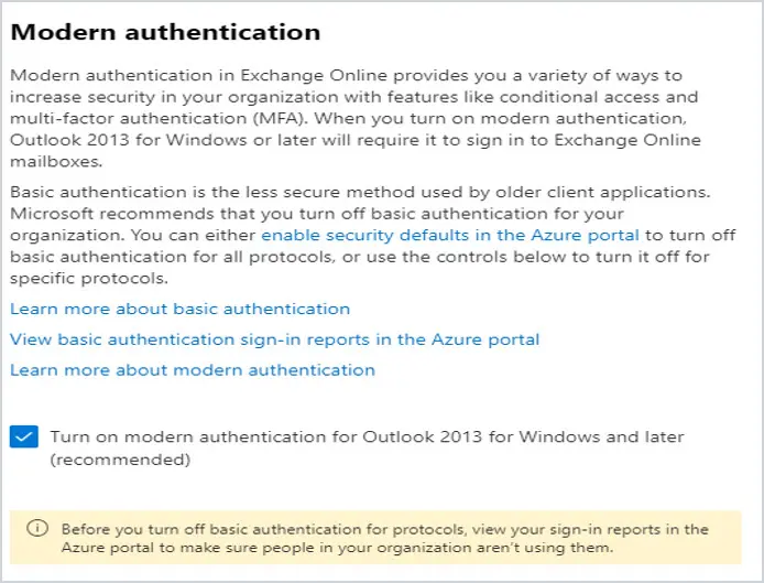 Modern authentication panel with the basic authentication protocol boxes checked