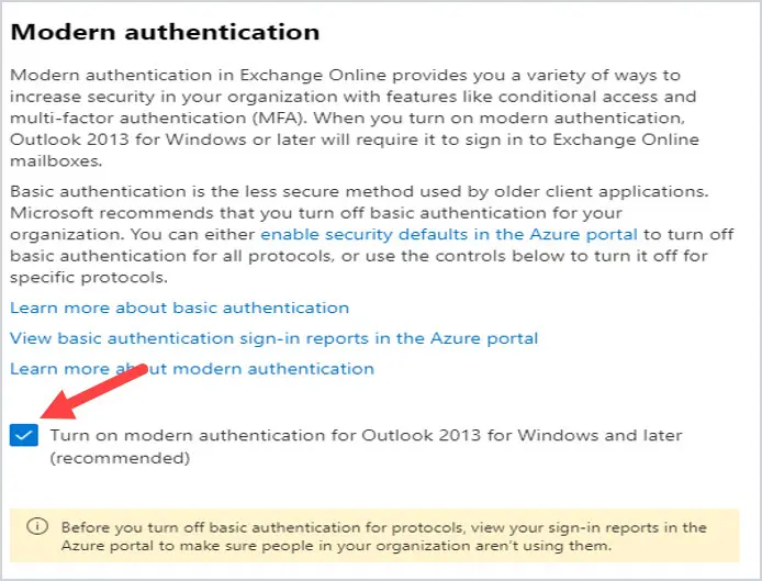 Checkbox for Turn on modern authentication for Outlook