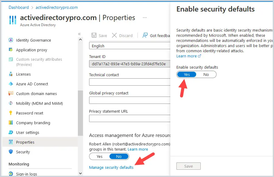 Enable security defaults toggled to Yes and ready to save